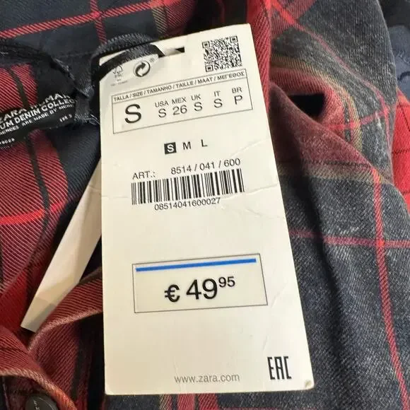Zara Studded Distressed Circus Red Black Tartan Plaid Shirt Punk sz S NWT - Picture 11 of 13